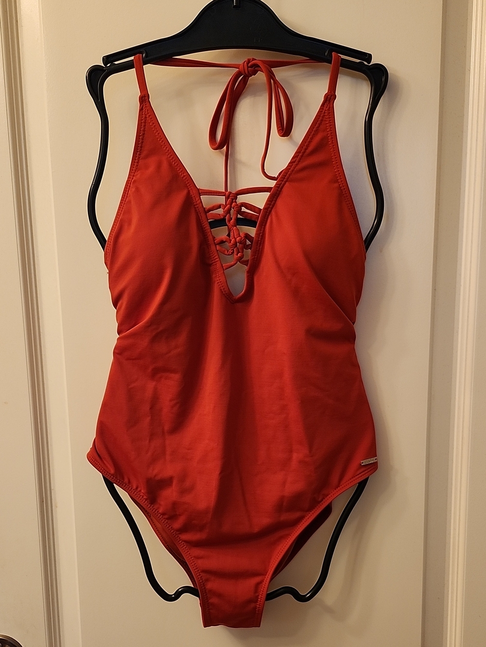 FarWest One-Piece Red Swimsuit with Lace-Up Front and Tie at Neck